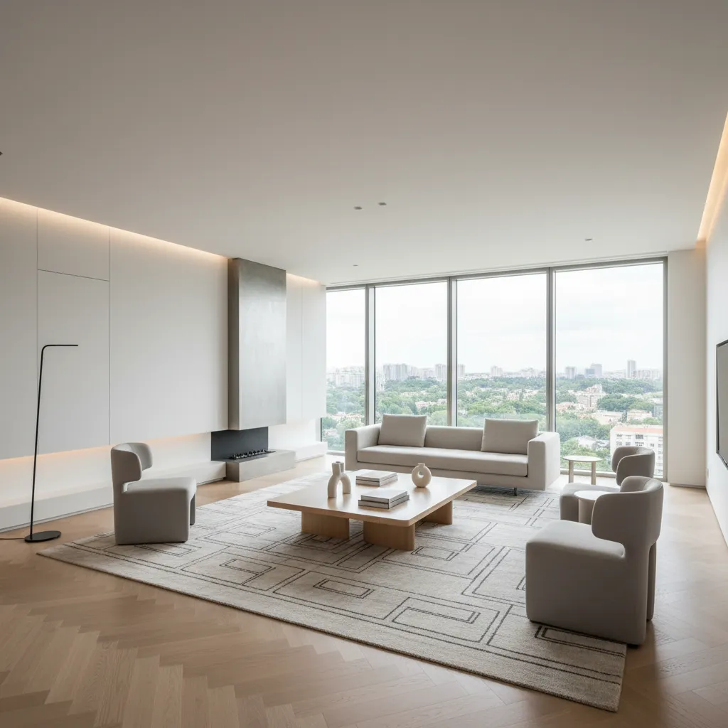 Salón contemporáneo con líneas limpias y muebles minimalistas