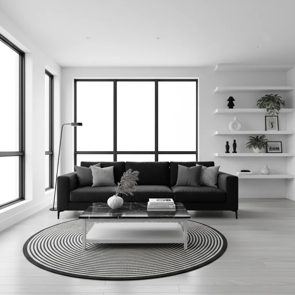 Salón contemporáneo con contraste fuerte entre paredes blancas y muebles negros