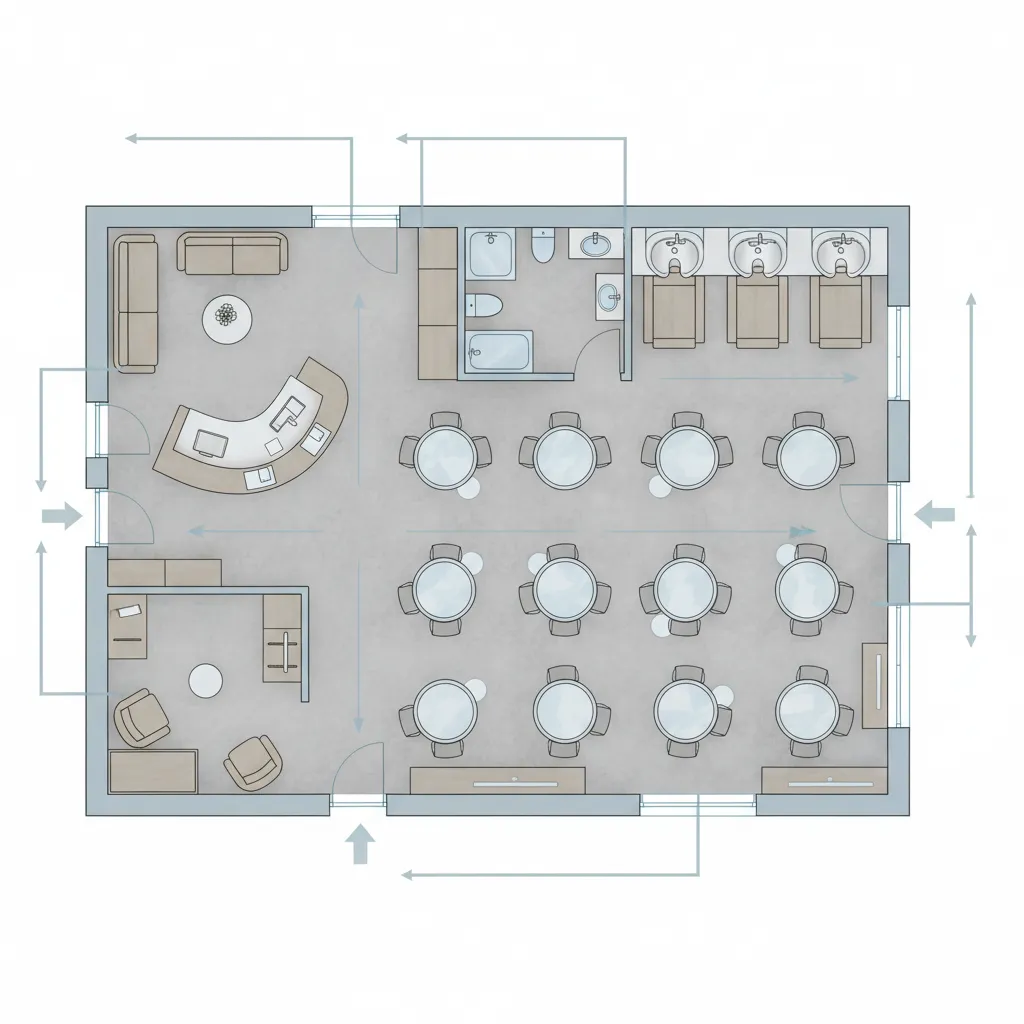 Salon floor layout showing customer movement from entrance to styling and wash stations