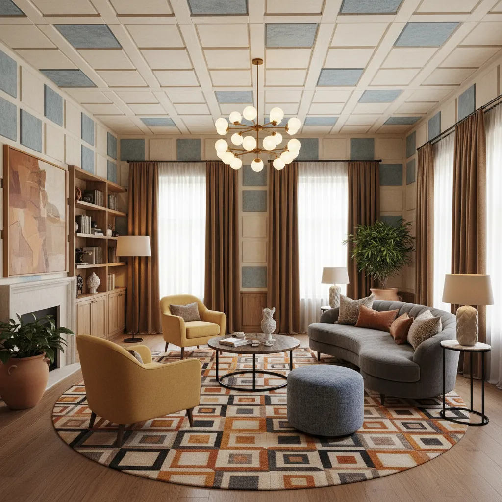 Salón amplio con alfombra grande, cortinas y paneles decorativos para mejorar acústica