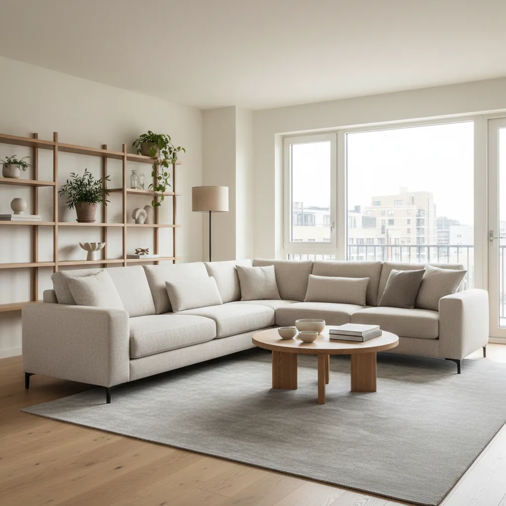 Salón contemporáneo con sofá claro, mesa de centro de madera y lámpara de pie