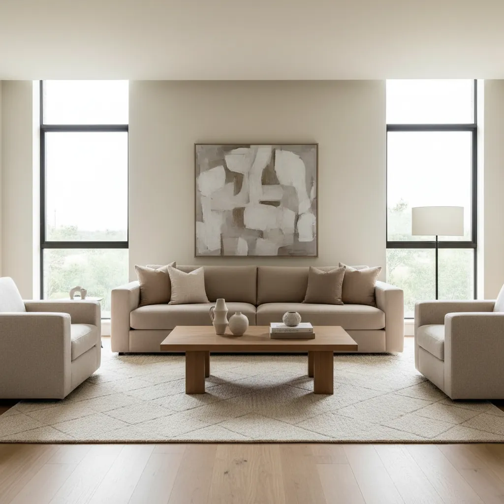 salón moderno bien decorado con paleta neutra y muebles proporcionados