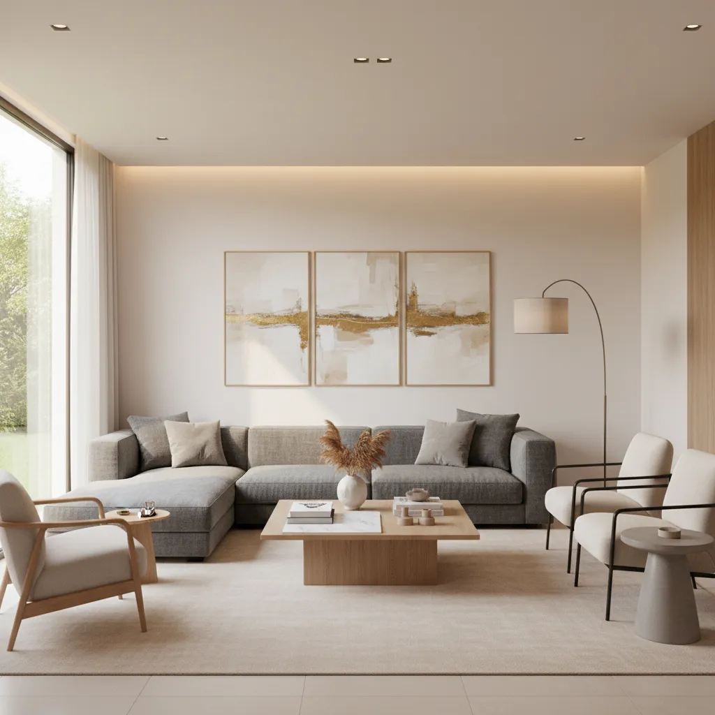 Modern living room with grey sofa, wooden coffee table, floor lamp, and three wall art