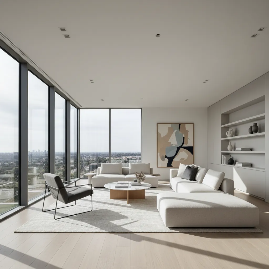 Salón moderno de planta abierta con ventanales grandes