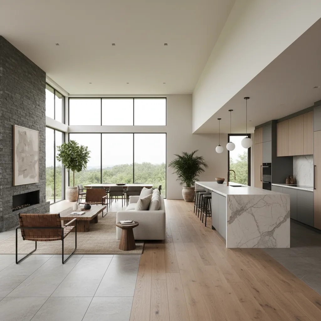 Salón moderno con cocina abierta y diseño contemporáneo