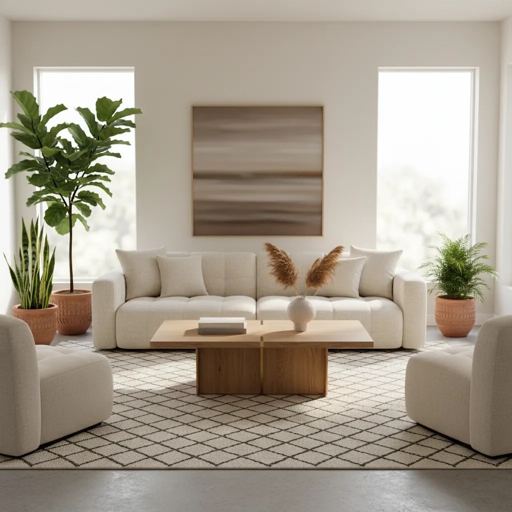 Minimalist living room with beige sofa two armchairs wooden coffee table potted plants wall art