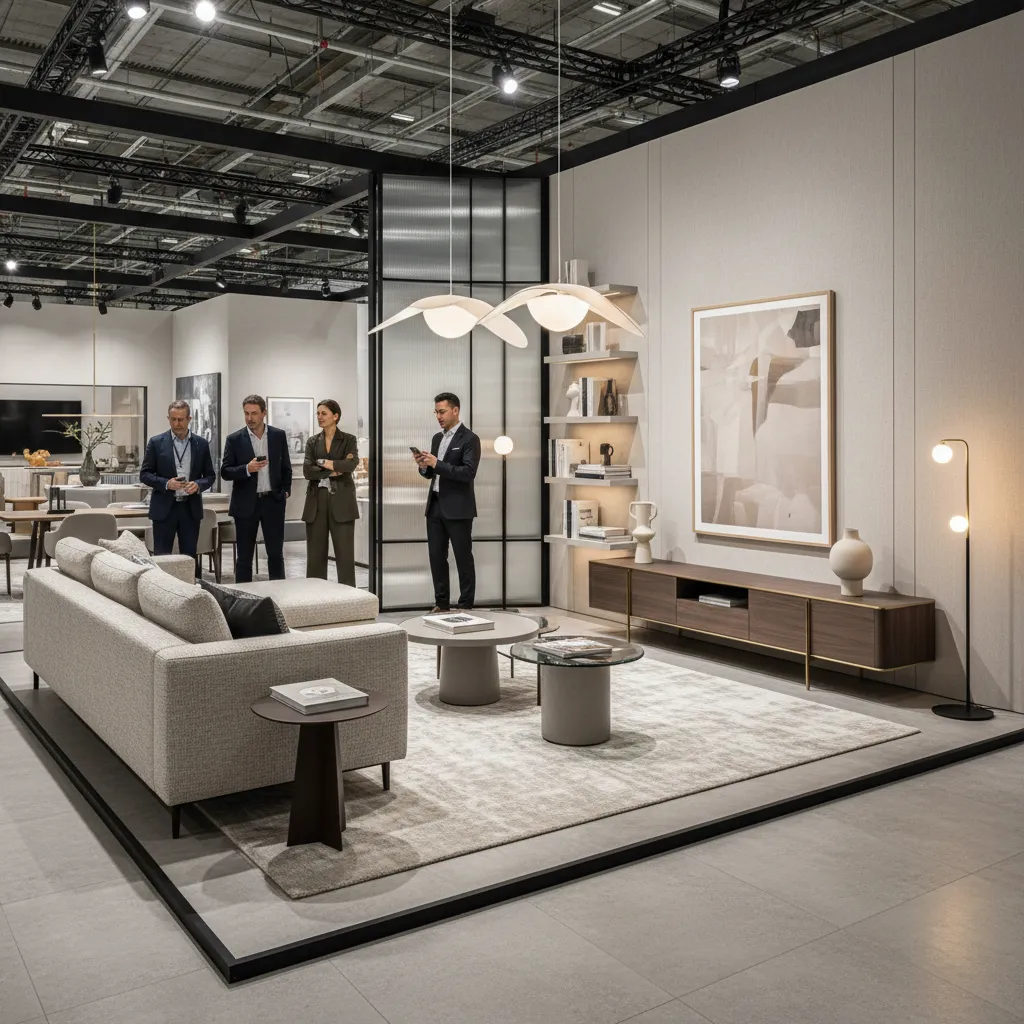 Exposición moderna de diseño interior con diferentes ambientes decorados