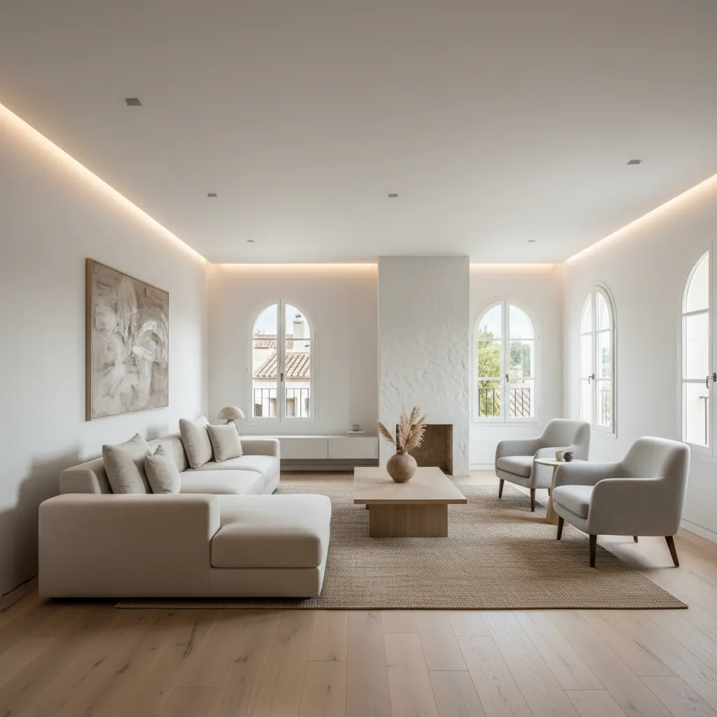 Salón moderno con distribución optimizada y mobiliario contemporáneo