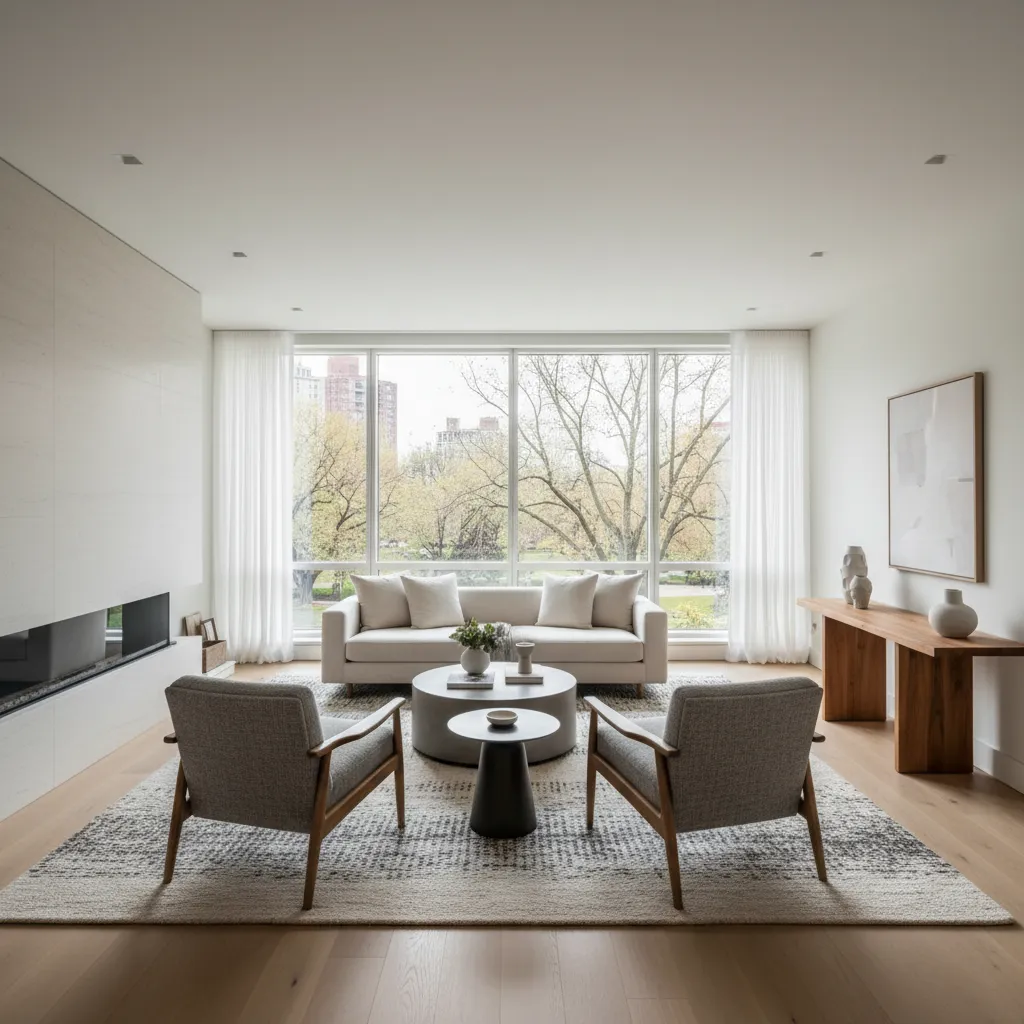 Bright living room with cream sofa two chairs coffee table and a large window view