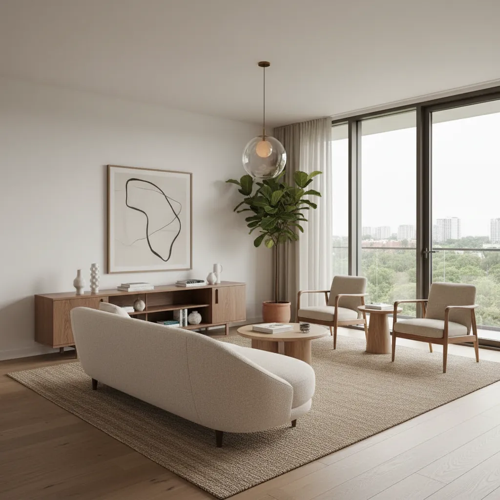 Salón moderno bien diseñado con iluminación equilibrada y materiales naturales