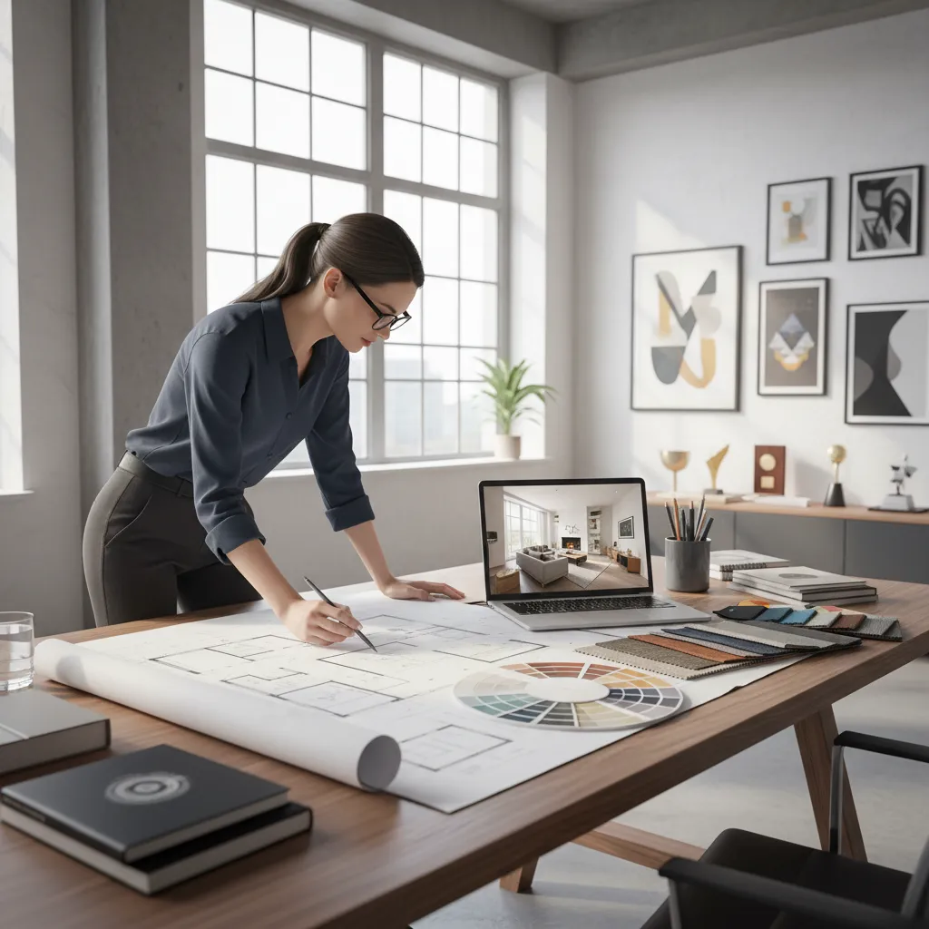 Diseñador trabajando en la distribución de un salón con planos y ordenador
