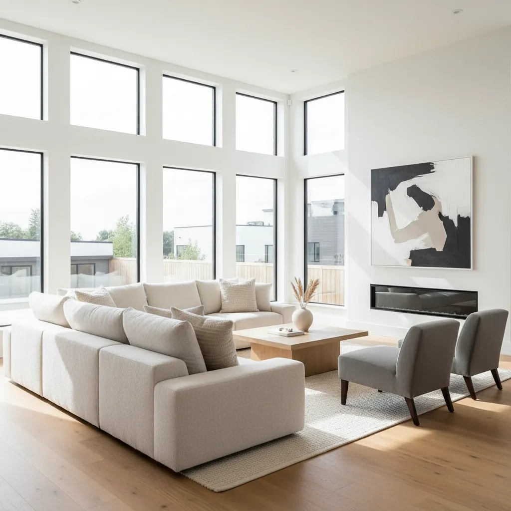 Salón moderno con grandes ventanas y luz natural