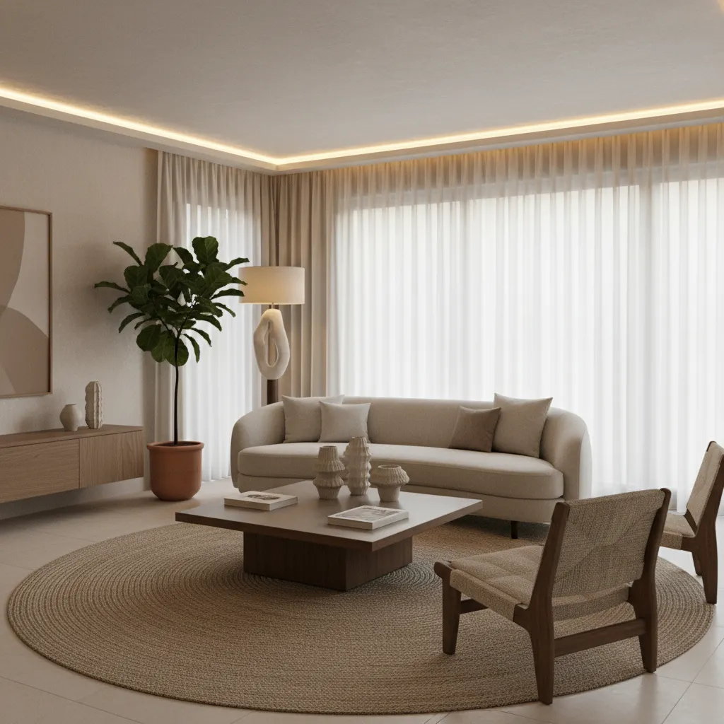 Minimalist living room featuring a curved sofa square coffee table round rug and white curtains