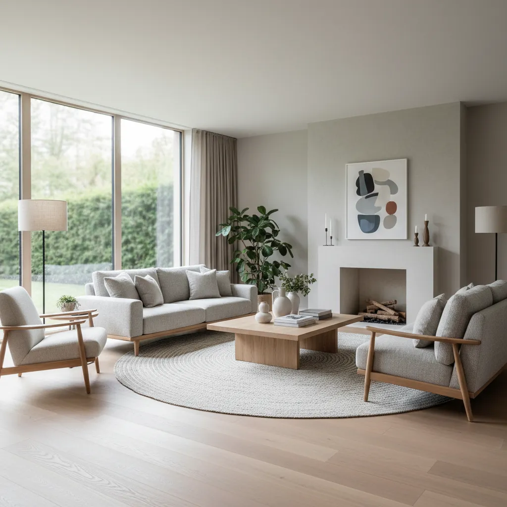 Salón moderno diseñado por interioristas con iluminación equilibrada