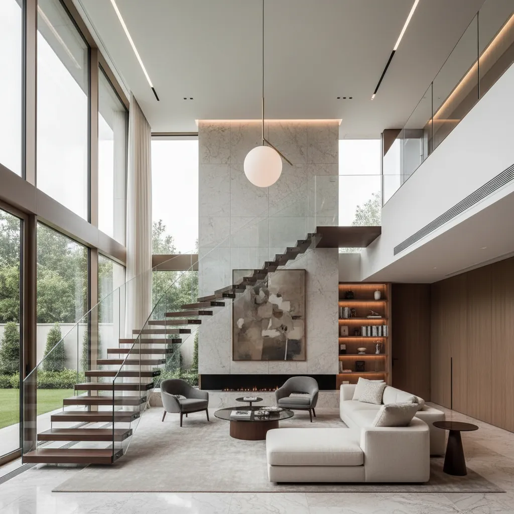 Salón de doble altura en una casa de lujo moderna