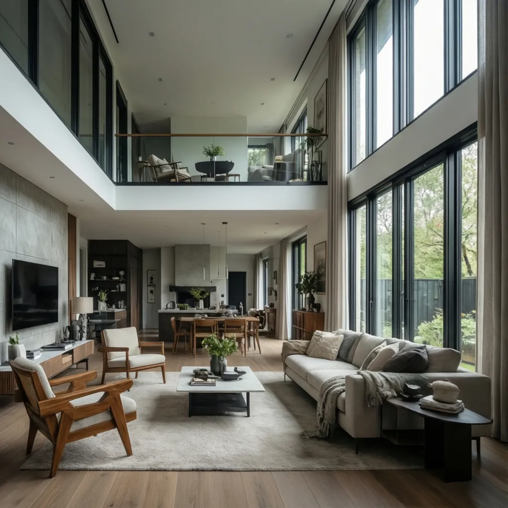 Salón moderno con espacio abierto de doble altura