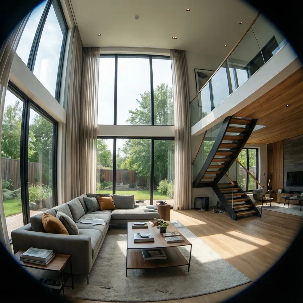 Salón de casa dúplex con doble altura y grandes ventanales