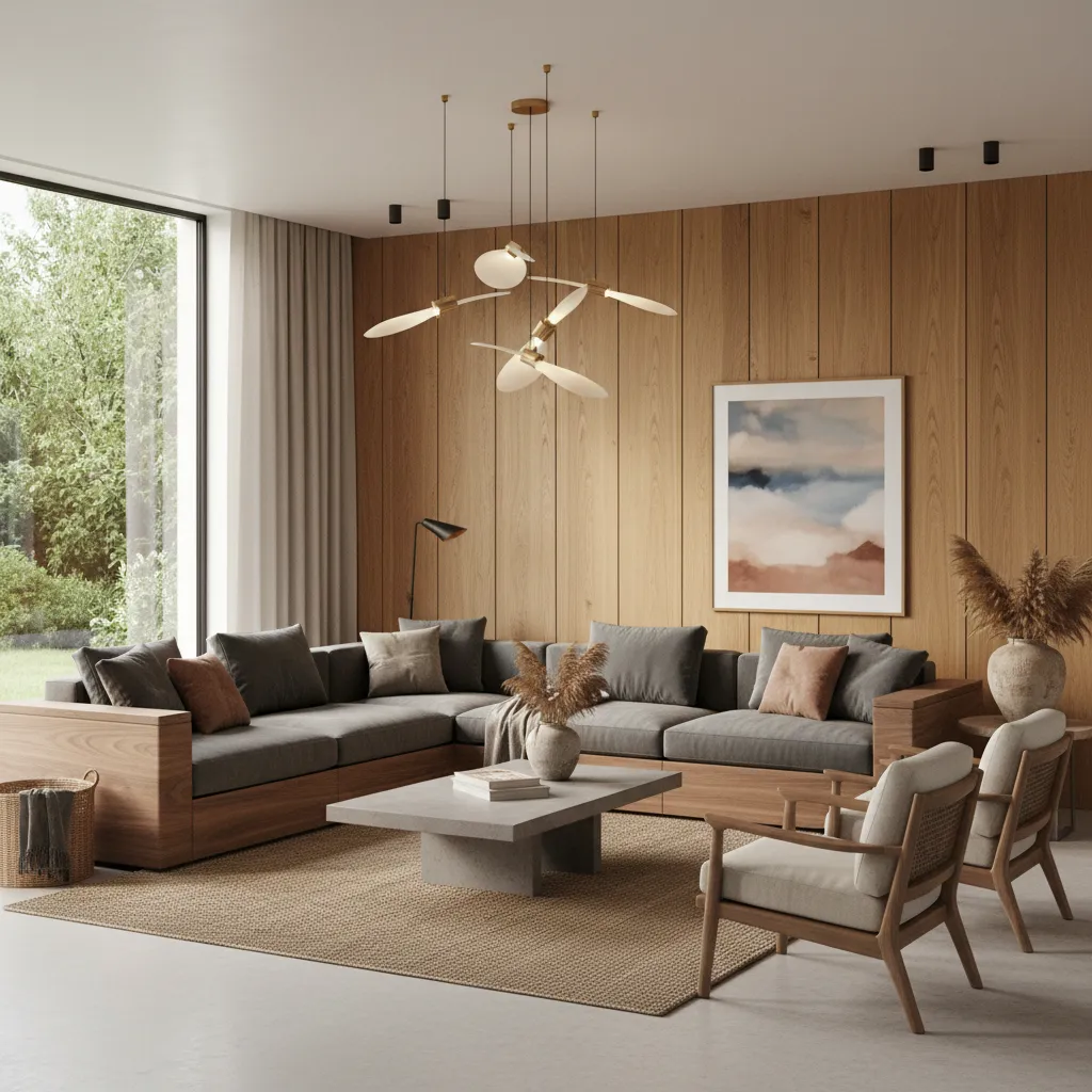 Salón elegante con muebles modulares personalizados y decoración moderna