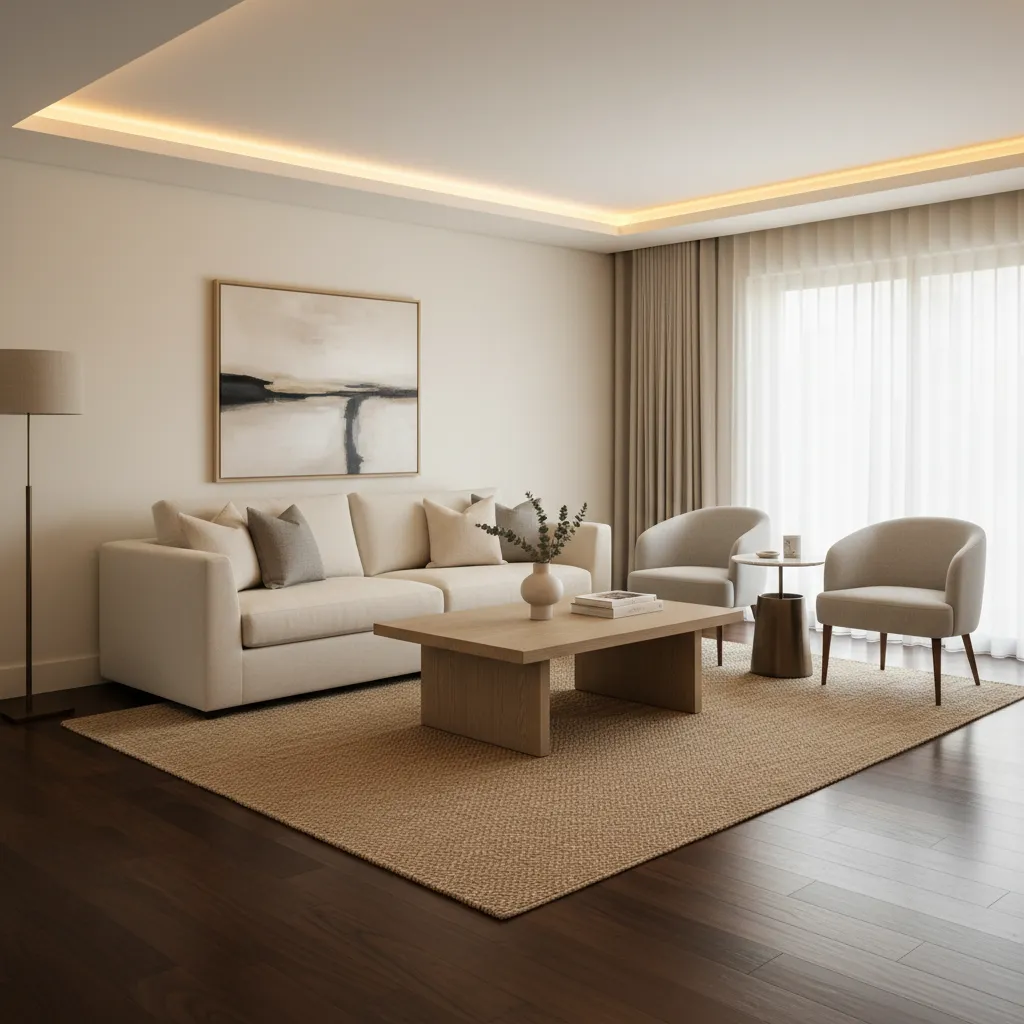 Salón elegante con suelo de madera oscuro y mobiliario claro