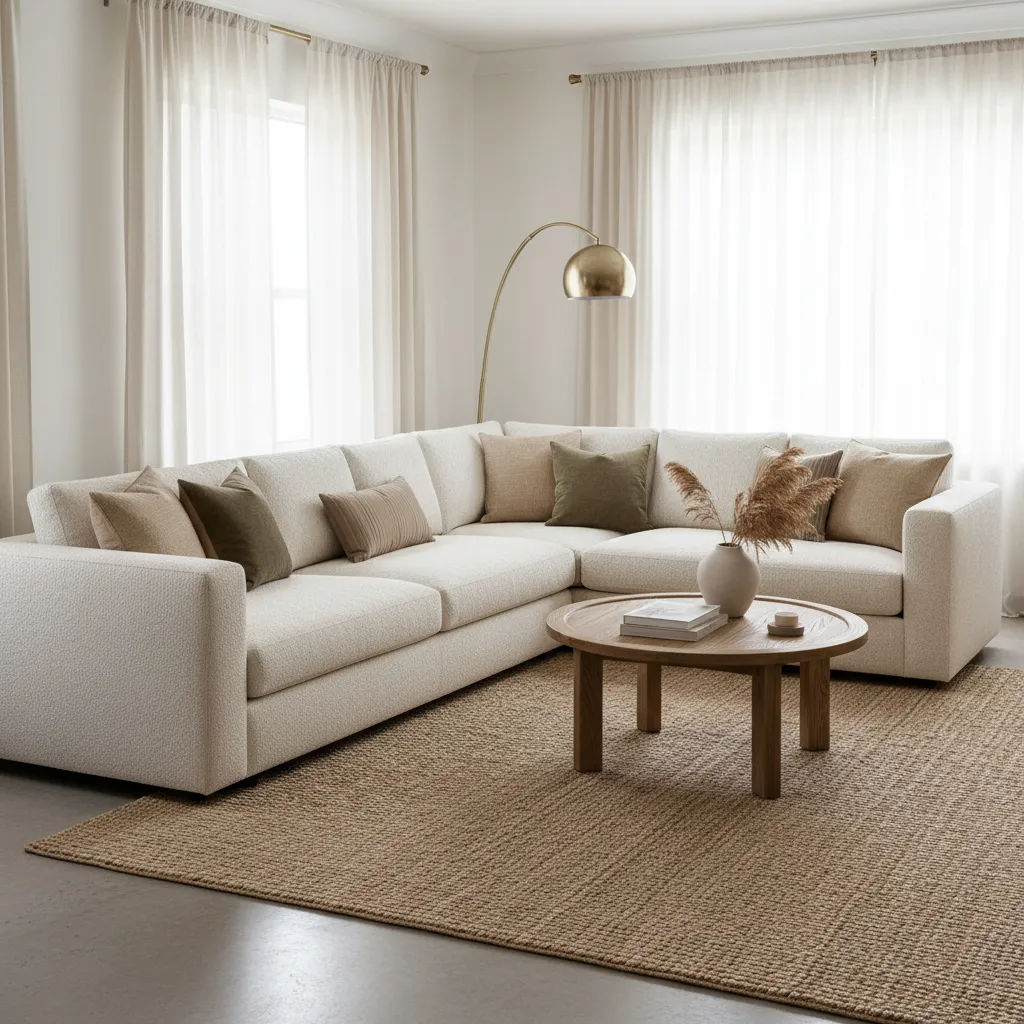 Salón equilibrado con sofá de esquina, alfombra grande y mesa de centro
