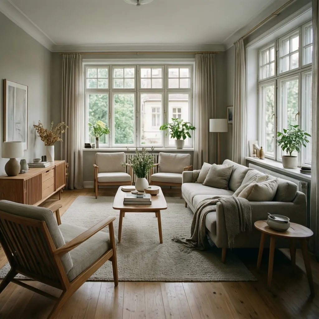 Modern living room with beige sofa wooden chairs coffee table large windows curtains and plants
