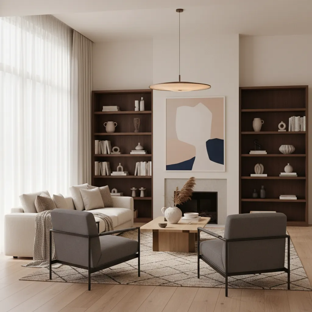 Modern living room with white sofa grey chairs wooden coffee table fireplace and dark bookshelves