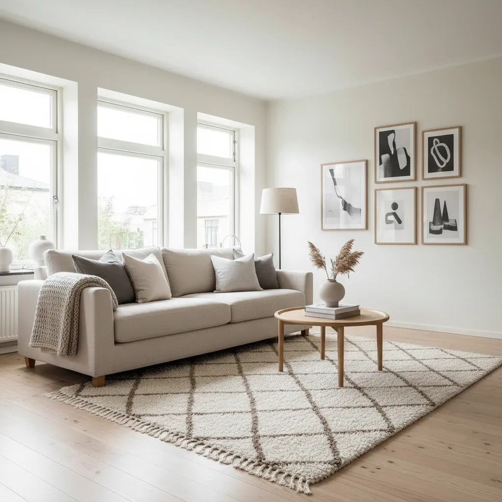 Salón escandinavo minimalista con textiles suaves y decoración sencilla