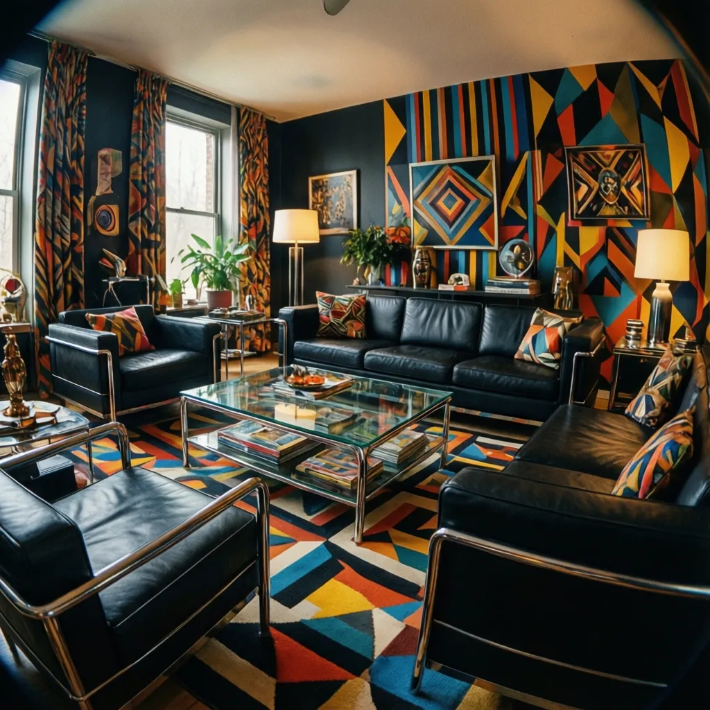 Sala de estar con decoración geométrica y muebles típicos de los años 80