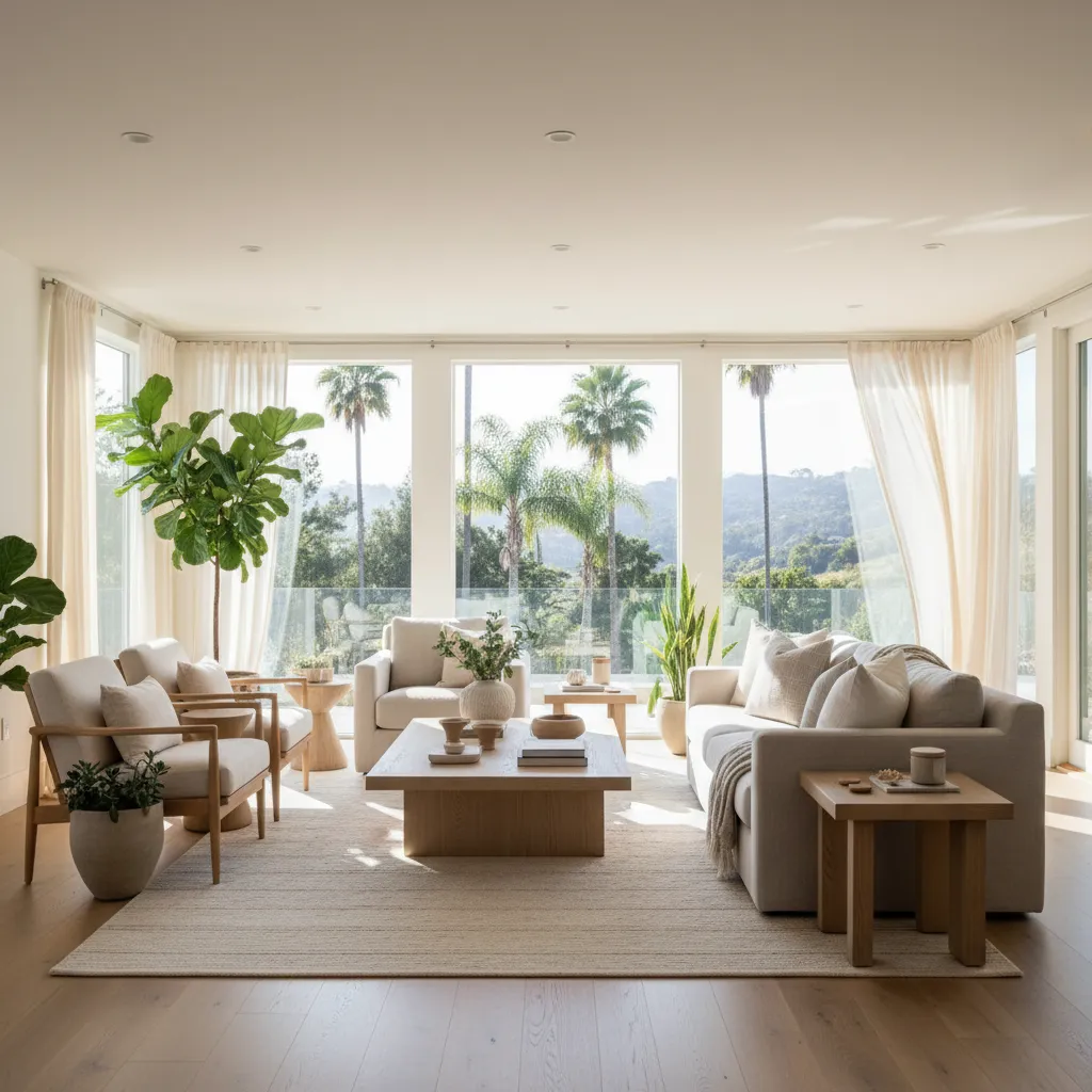 Salón abierto con ventanales grandes y muebles de madera clara