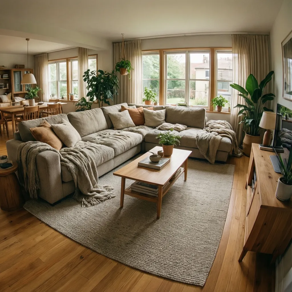 Salón con sofá amplio, alfombra neutra y muebles de madera clara