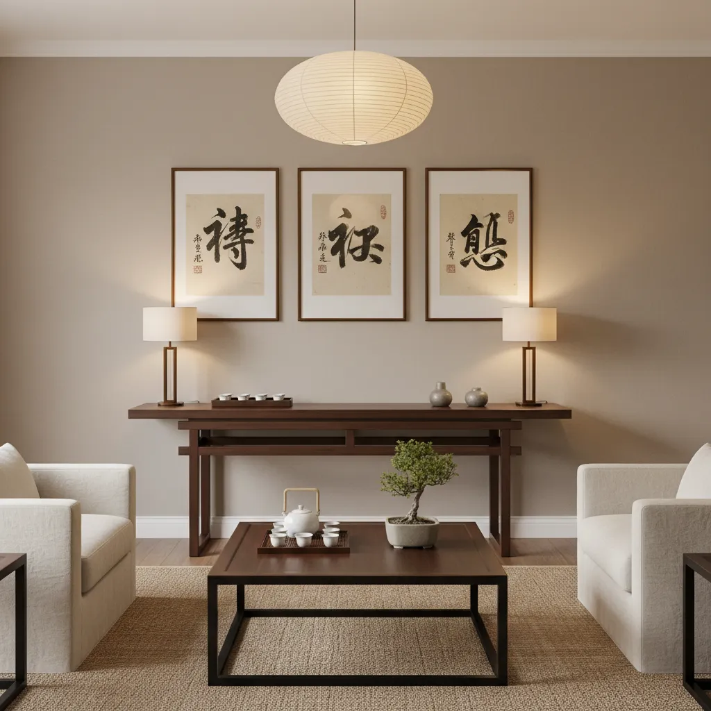 Sala de estar con inspiración china y mobiliario minimalista de madera
