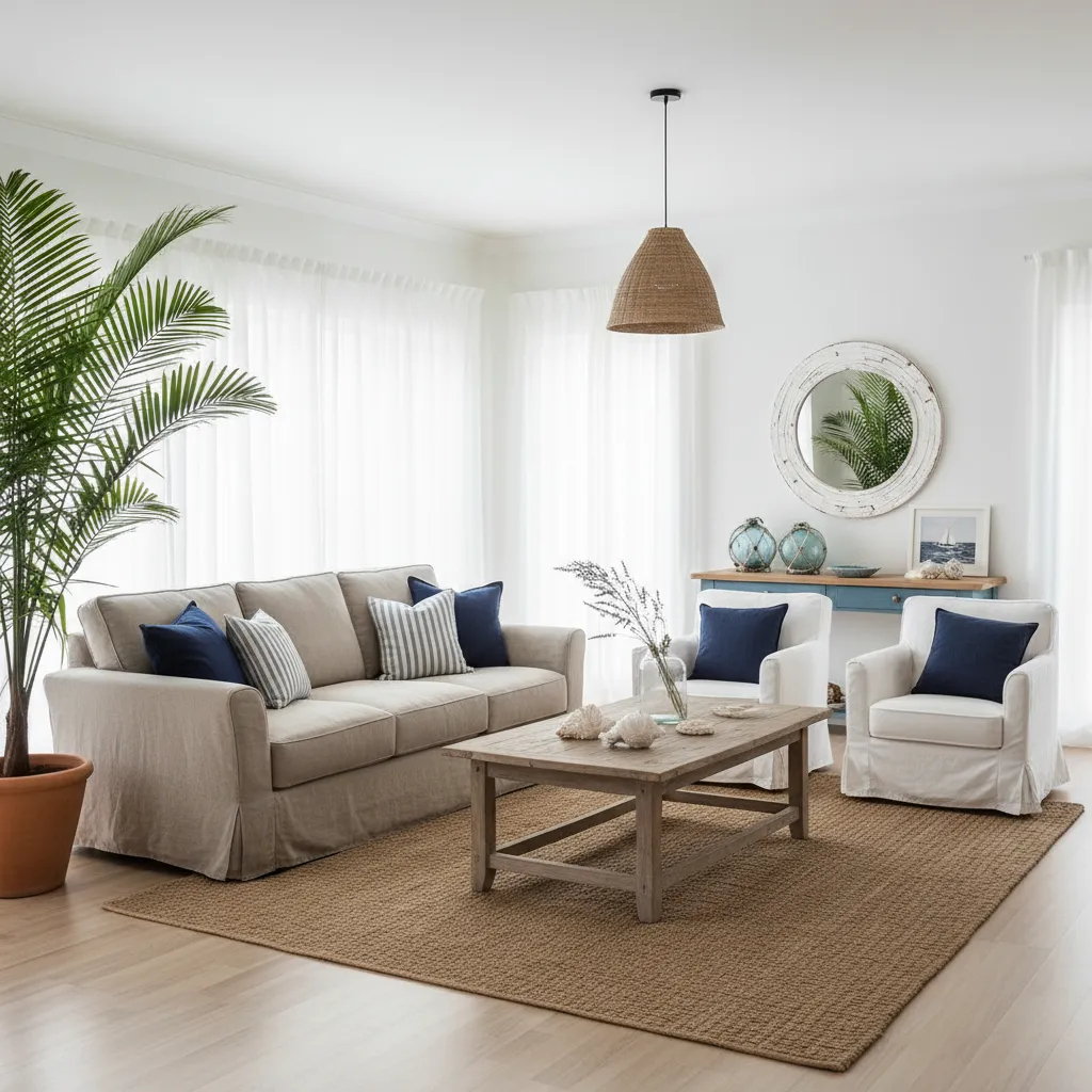 Salón estilo costero con sofá claro y detalles azules