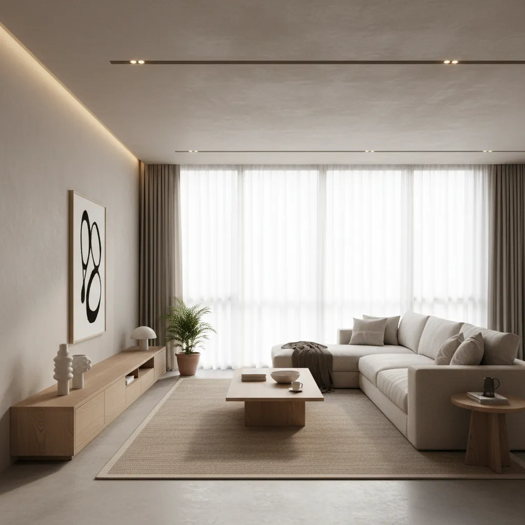 Salón moderno con mobiliario minimalista y materiales naturales