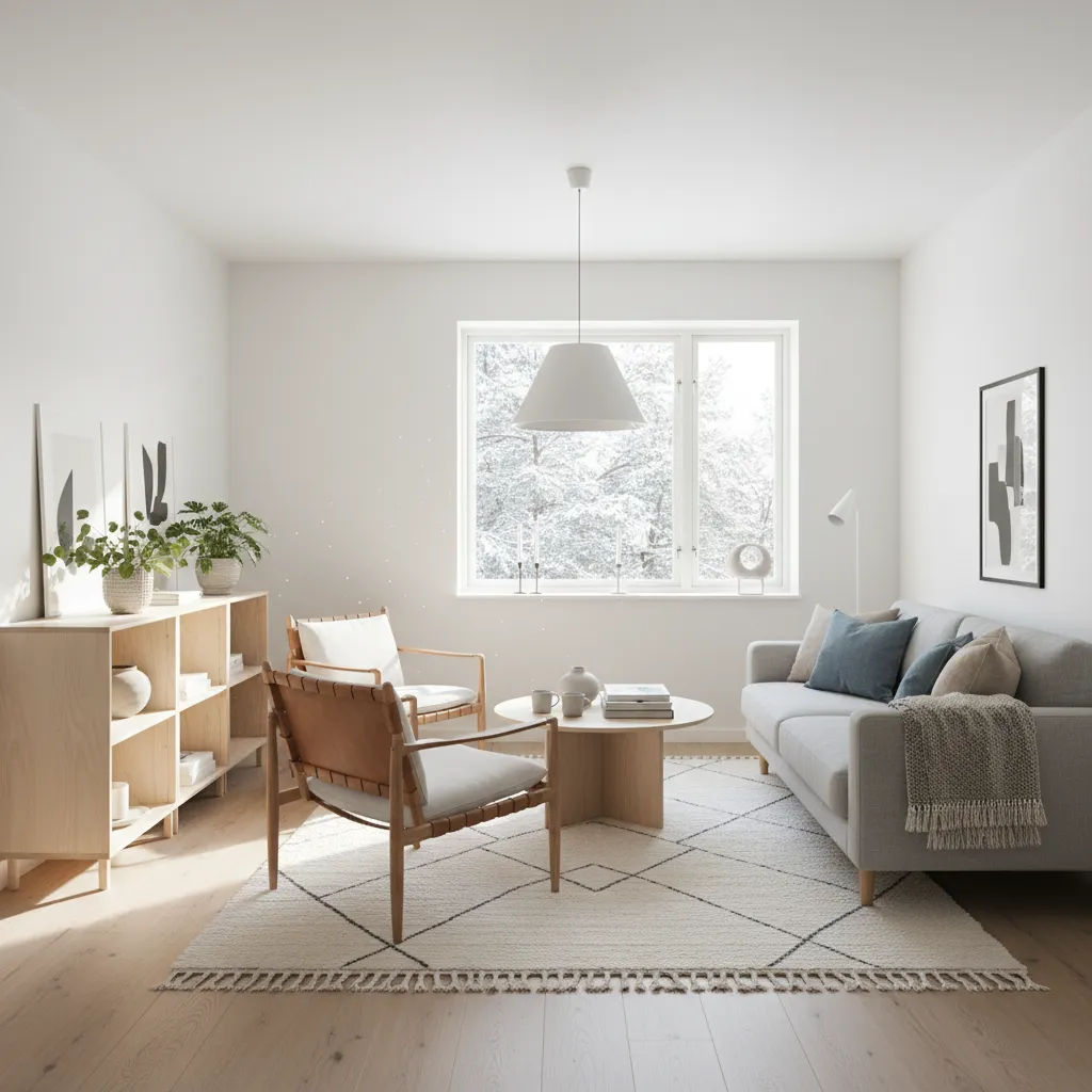 Bright living room with grey sofa wooden chairs white rug ceiling light and large snowy window