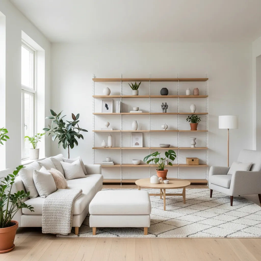 Salón estilo escandinavo con estanterías modulares y decoración minimalista