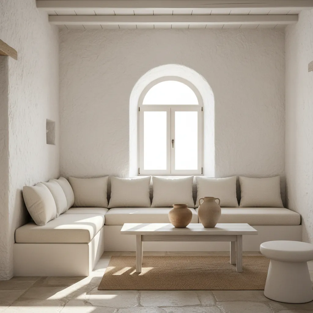Salón minimalista con paredes blancas y decoración mediterránea sencilla