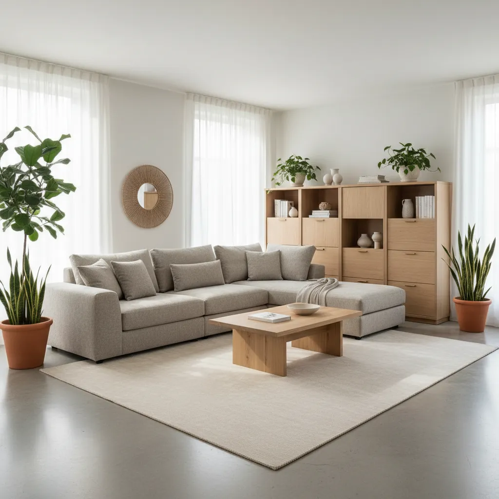 Bright living room featuring grey sectional sofa wooden coffee table beige rug large cabinet plants