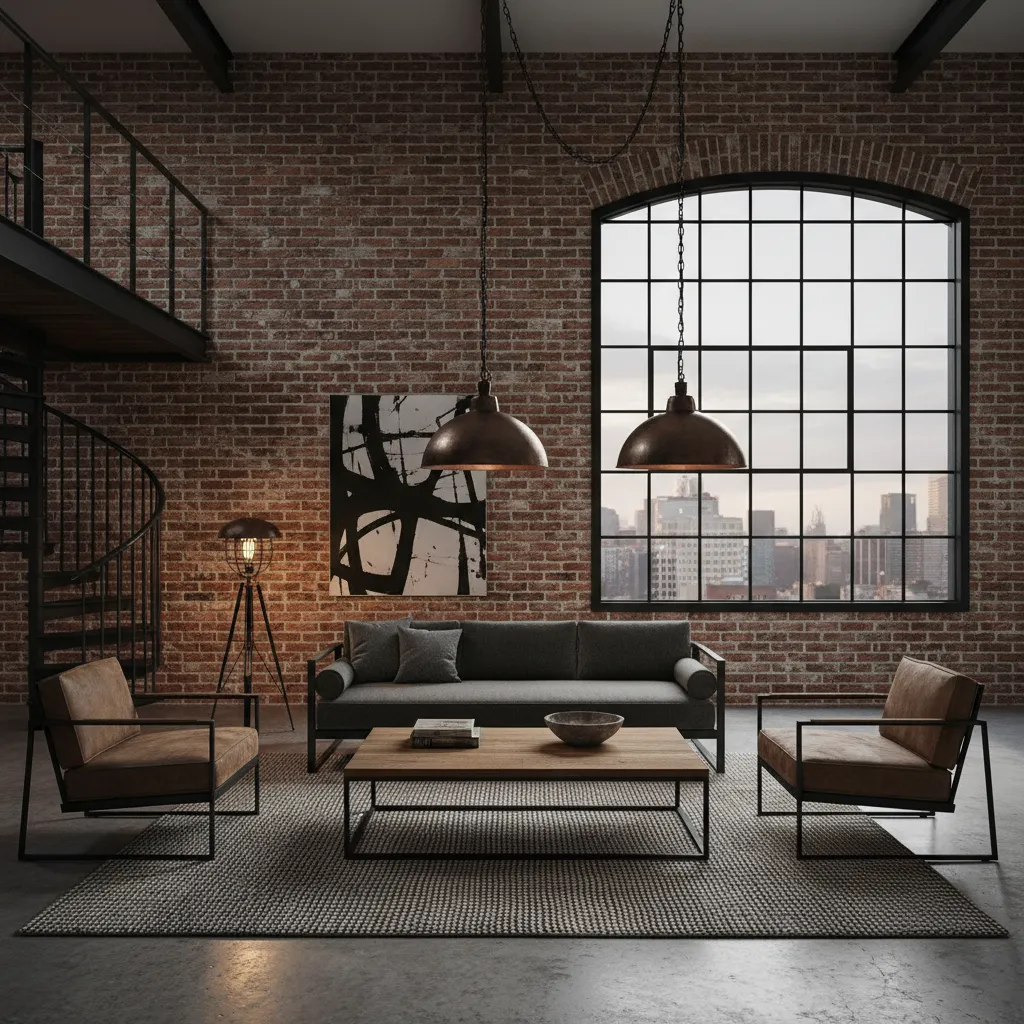 Loft estilo industrial con ladrillo visto y metal negro