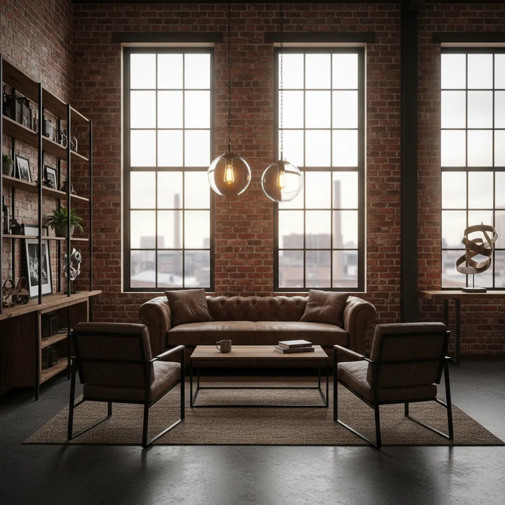 Industrial living room featuring red brick walls leather sofa wooden coffee table and glass lights