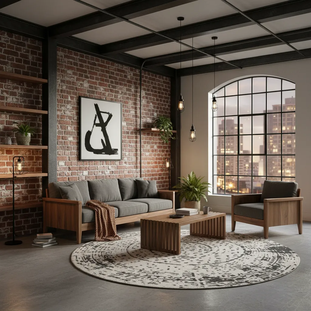 Sala de estar con estilo industrial moderno con metal negro y madera