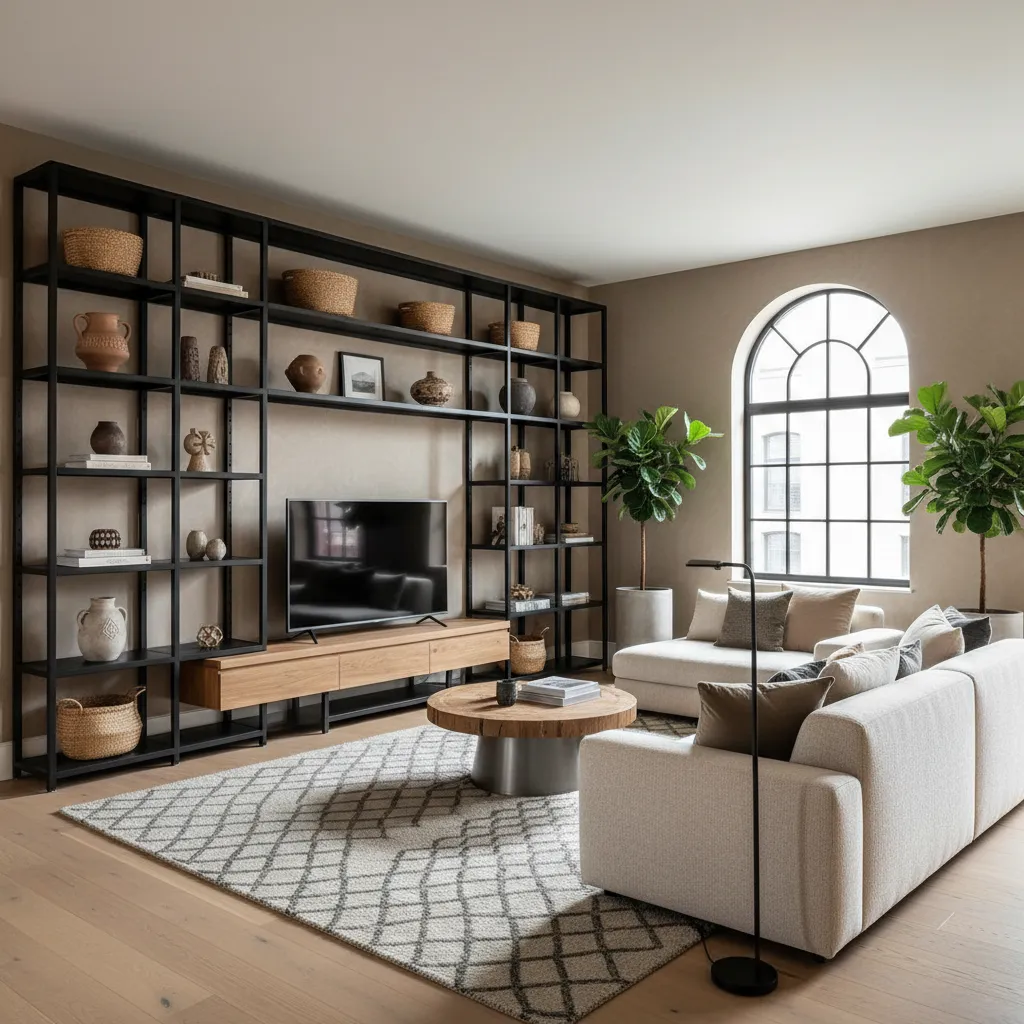 Salón moderno con estructura metálica negra y decoración cálida