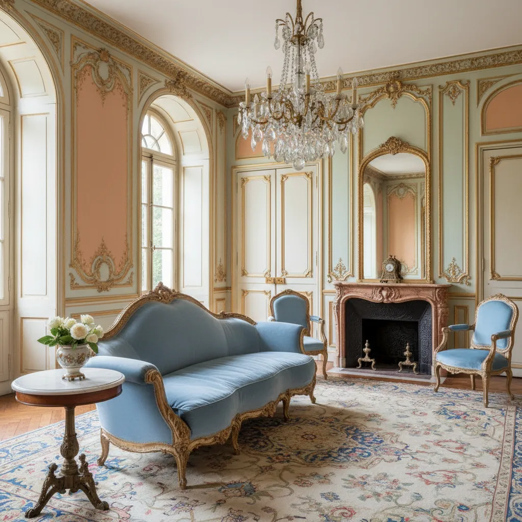 Classic living room with blue sofa and chairs stone fireplace crystal ceiling light large rug