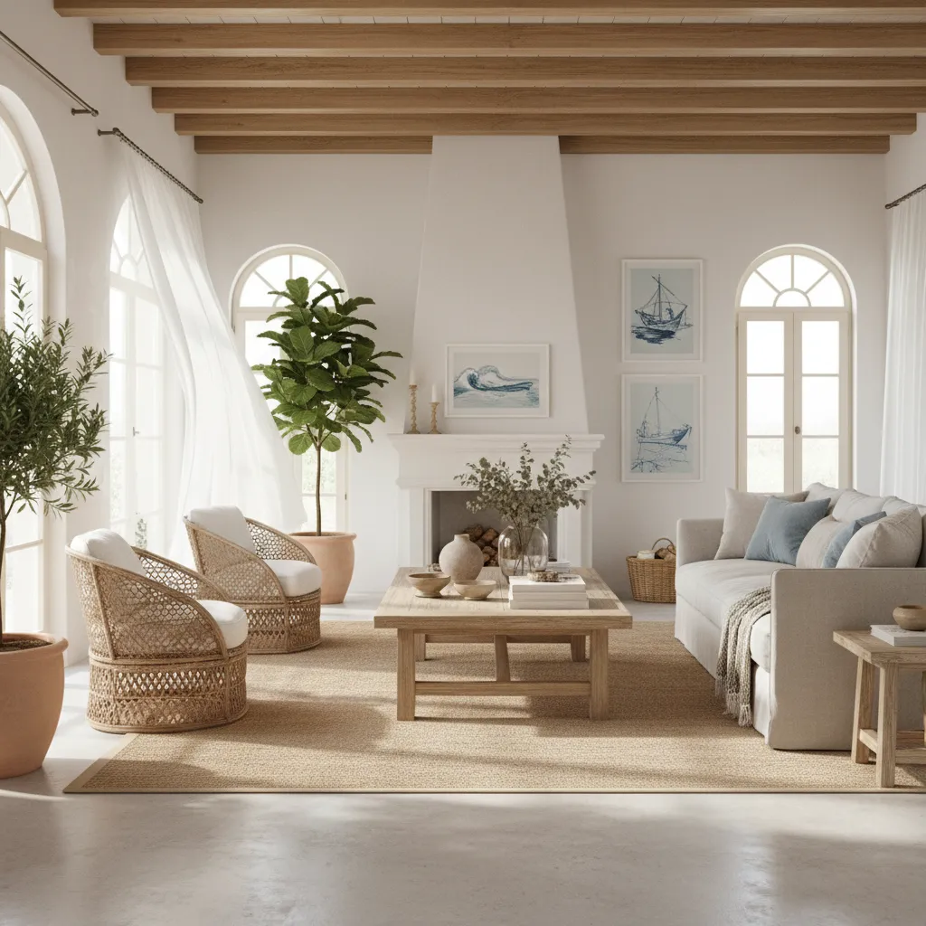 Salón decorado con estilo mediterráneo y materiales naturales