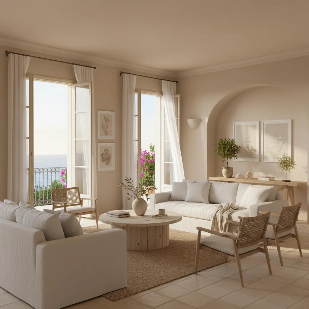 Salón mediterráneo con tonos claros y mucha luz natural