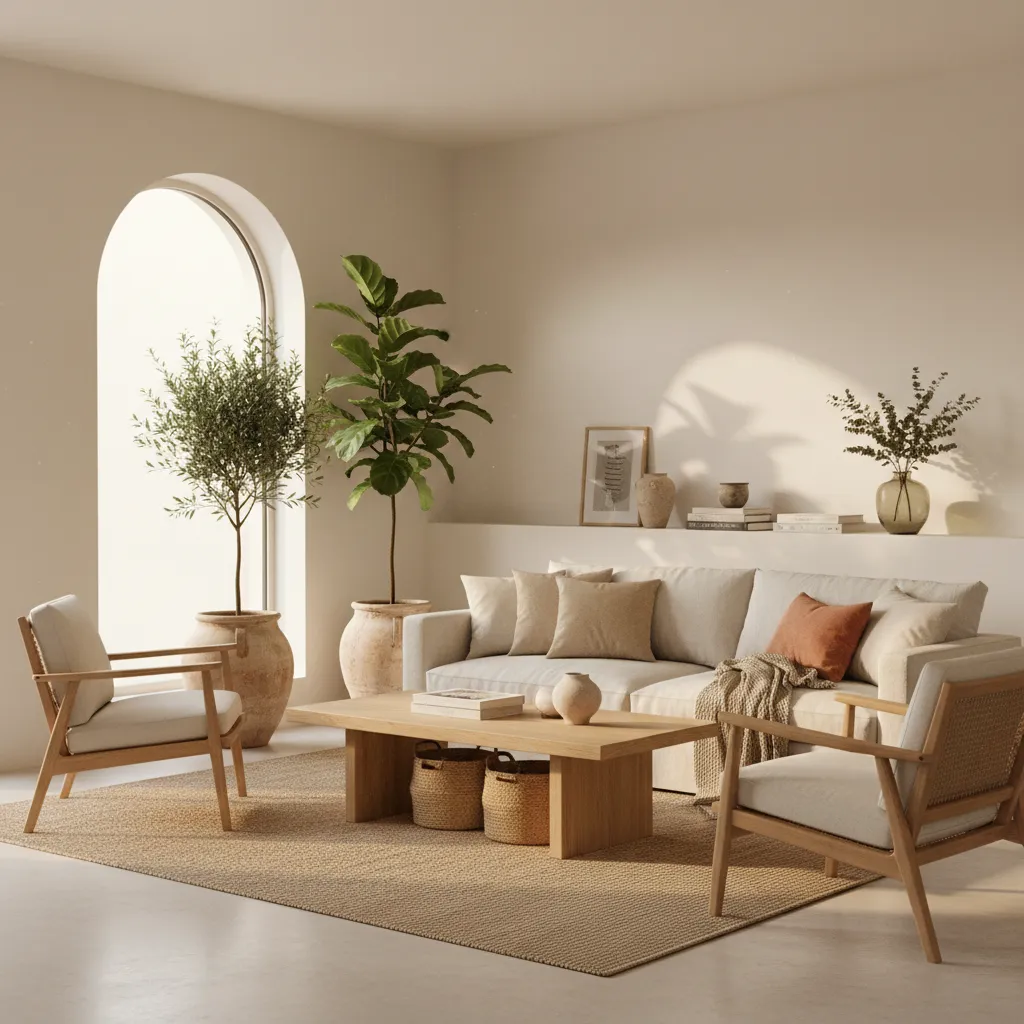 Salón con estilo mediterráneo contemporáneo con madera clara y tonos neutros