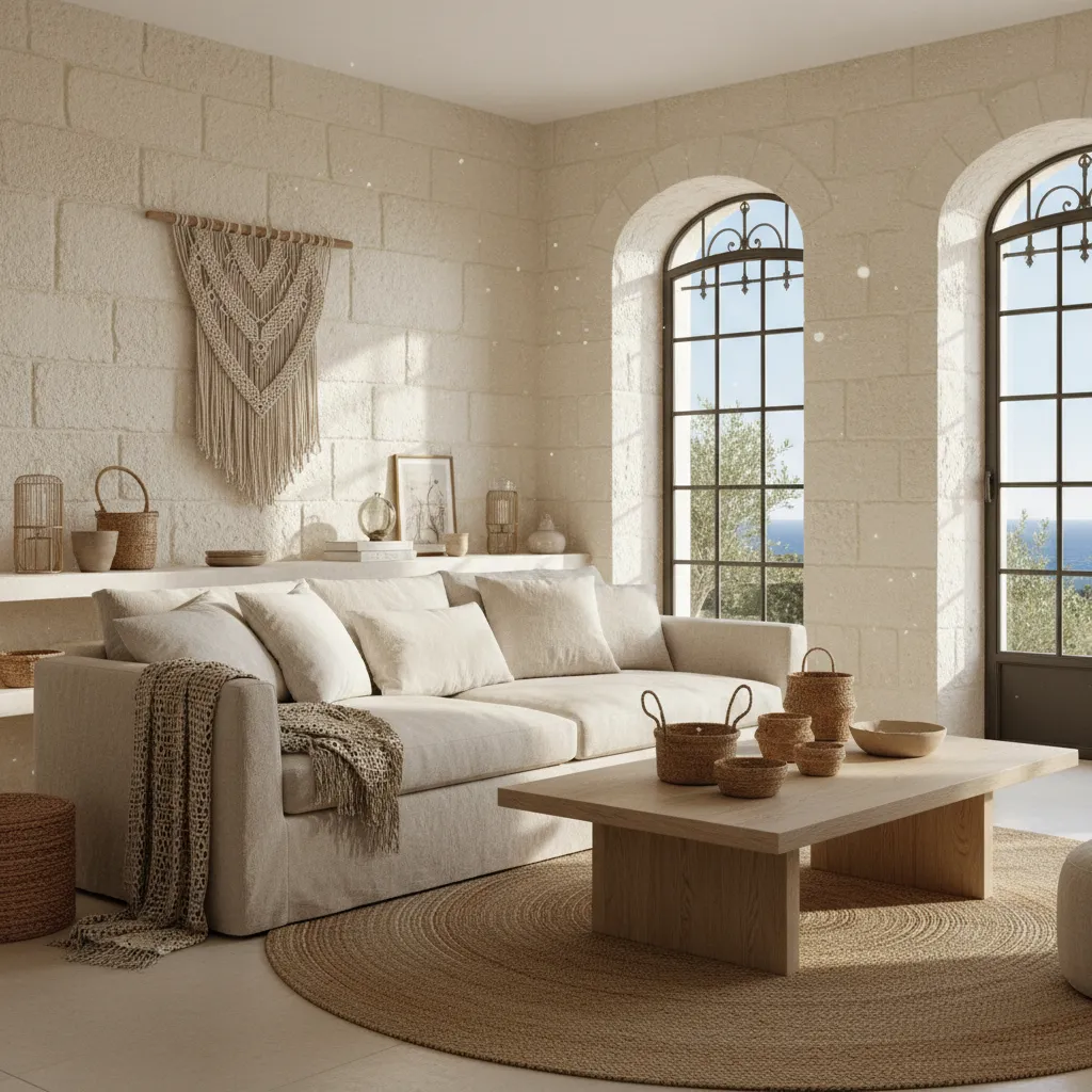 Salón moderno con estilo mediterráneo y materiales naturales