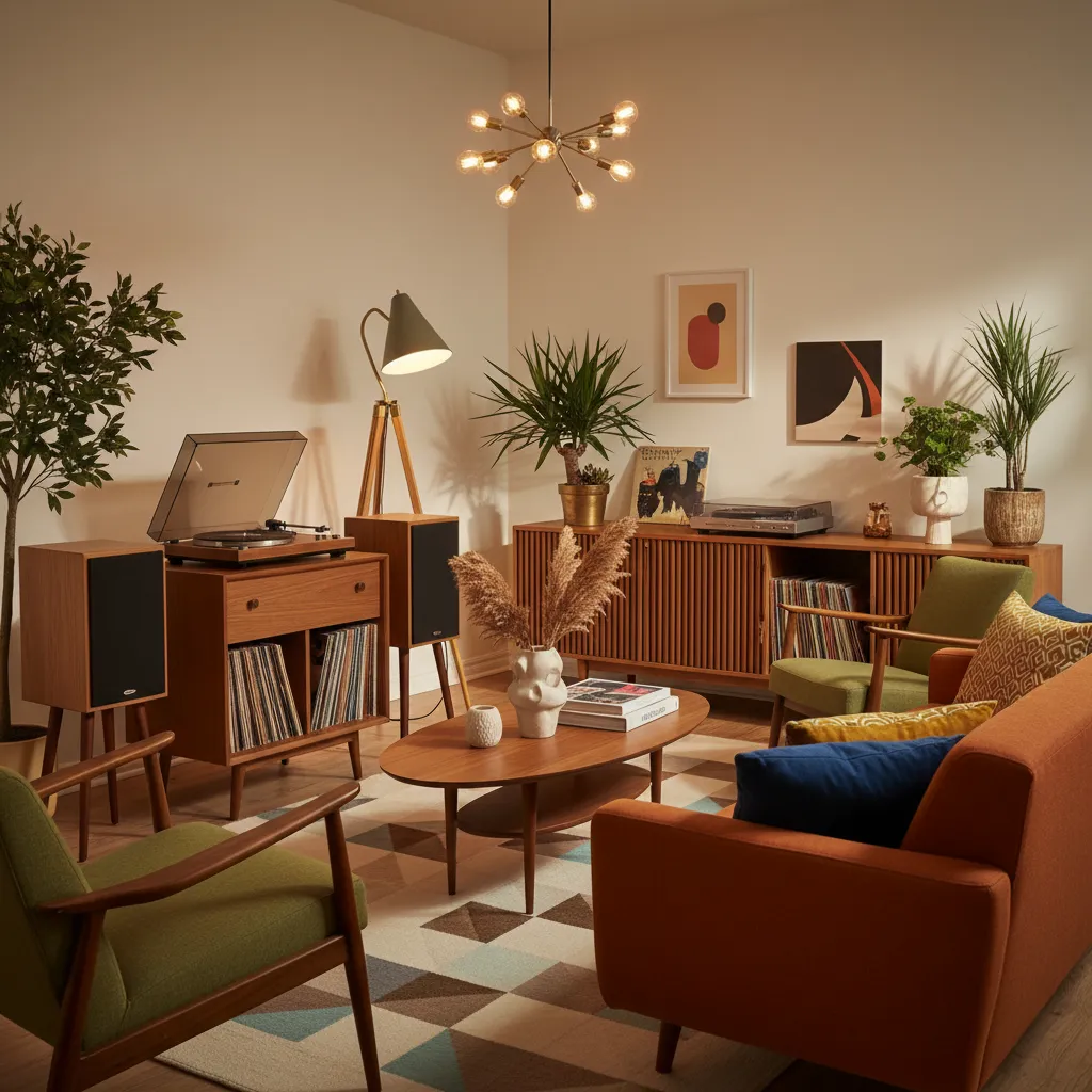 Vintage living room with orange sofa, green chairs, record player, wood cabinet and ceiling light