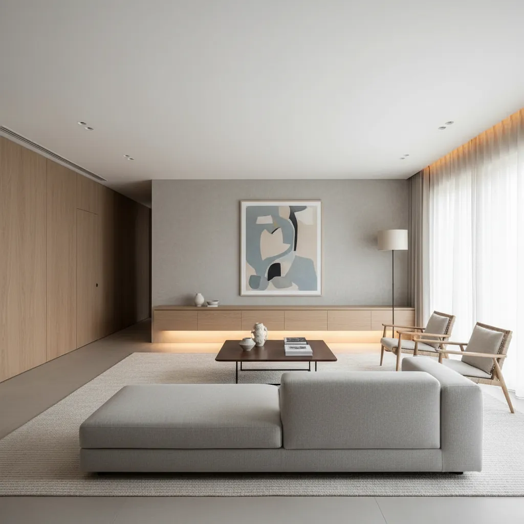 Sala de estar moderna con líneas limpias y colores neutros