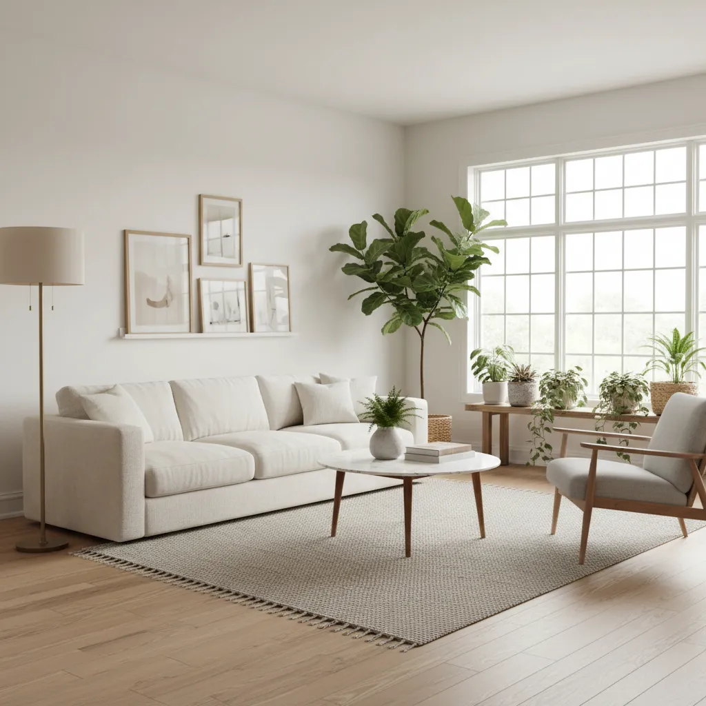 Salón luminoso con madera clara y decoración minimalista