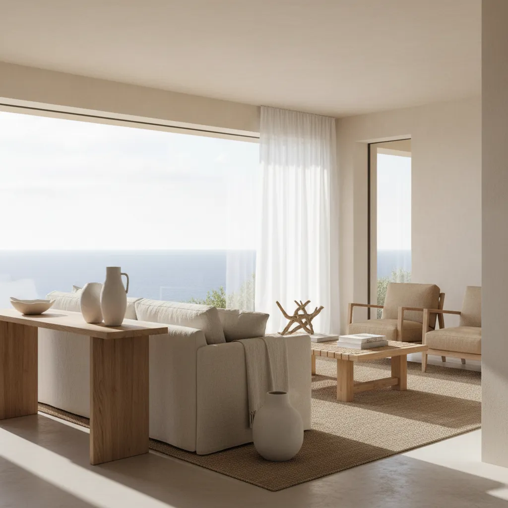 Salón moderno con madera clara y tonos neutros